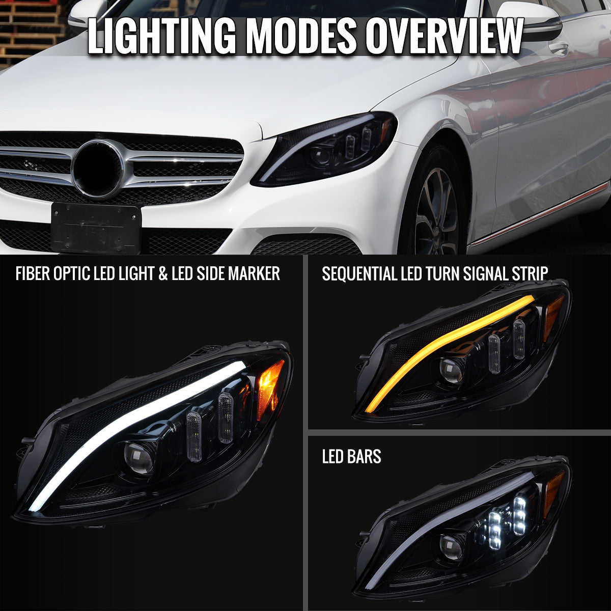 2015-2018 Mercedes-Benz C-Class W205 Full LED Projector Headlights with Sequential Turn Signal (Glossy Black Housing/Light Smoked Lens)
