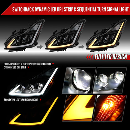 2008-2013 Infiniti G37/2014-2015 Q60 Coupe/Convertible Sequential Switchback LED Turn Signal Full LED Triple Projector Headlights (Matte Black Housing / Clear Lens)