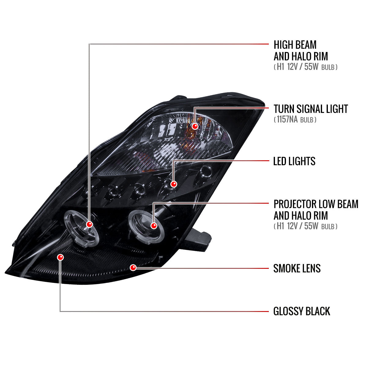2003-2005 Nissan 350Z Dual Halo Projector Headlights (Glossy Black Housing/Smoked Lens)