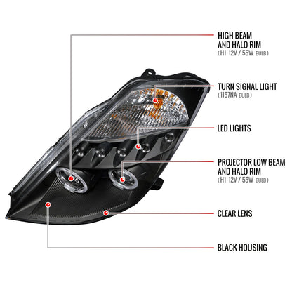 2003-2005 Nissan 350Z Dual Halo Projector Headlights (Matte Black Housing/Clear Lens)