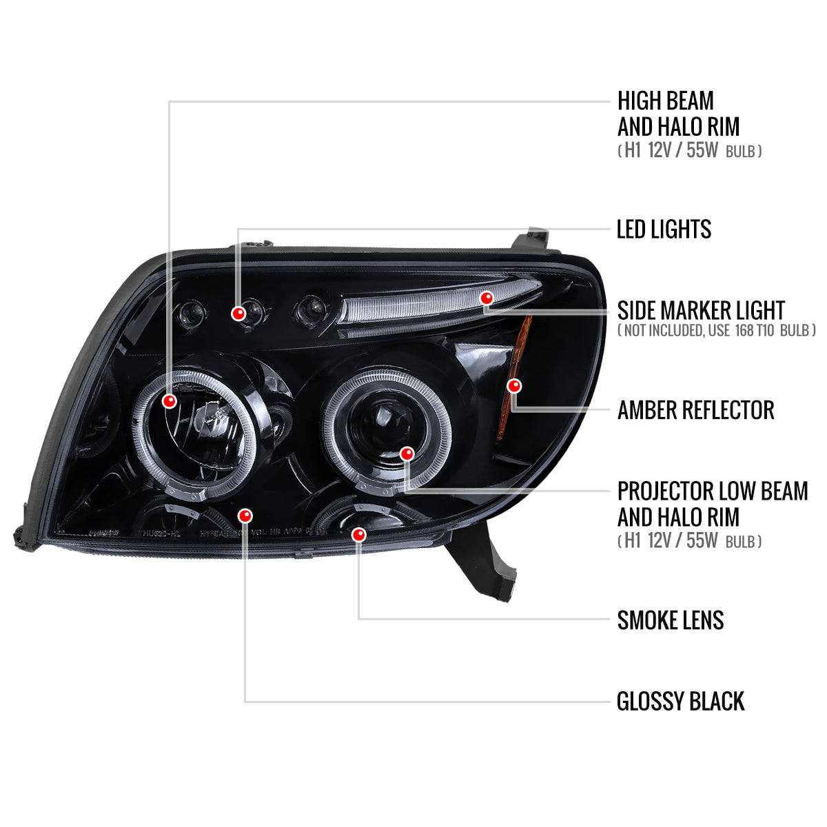 2003-2005 Toyota 4Runner Dual Halo Projector Headlights (Glossy Black Housing/Smoked Lens)