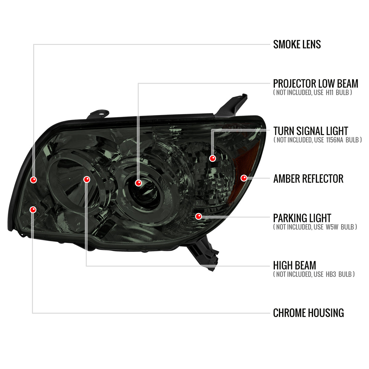2006-2009 Toyota 4Runner SR5 Limited Projector Style Headlights (Chrome Housing/Smoked Lens)