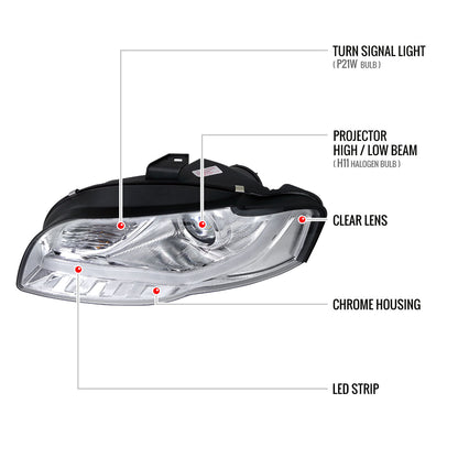 2006-2008 Audi A4 Projector Headlights w/ R8 Style LED Light Bar (Chrome Housing/Clear Lens)