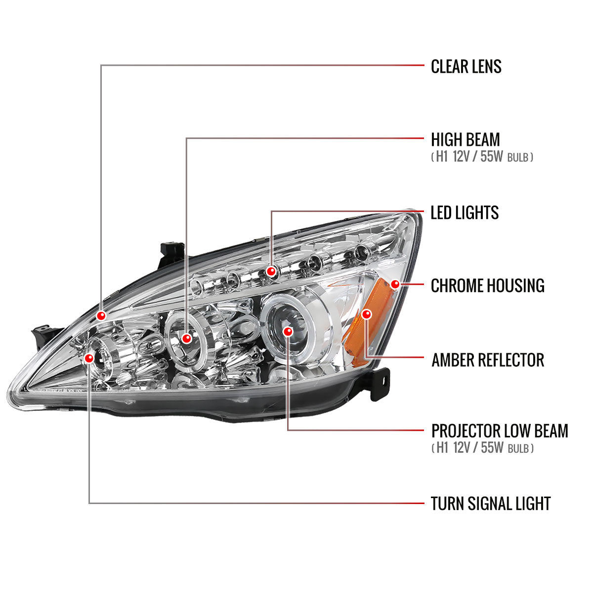2003-2007 Honda Accord Dual Halo Projector Headlights (Chrome Housing/Clear Lens)
