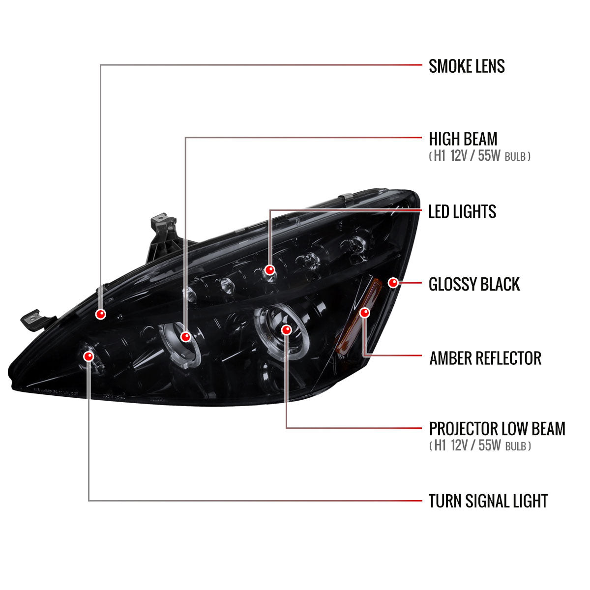 2003-2007 Honda Accord Dual Halo Projector Headlights (Glossy Black Housing/Smoked Lens)