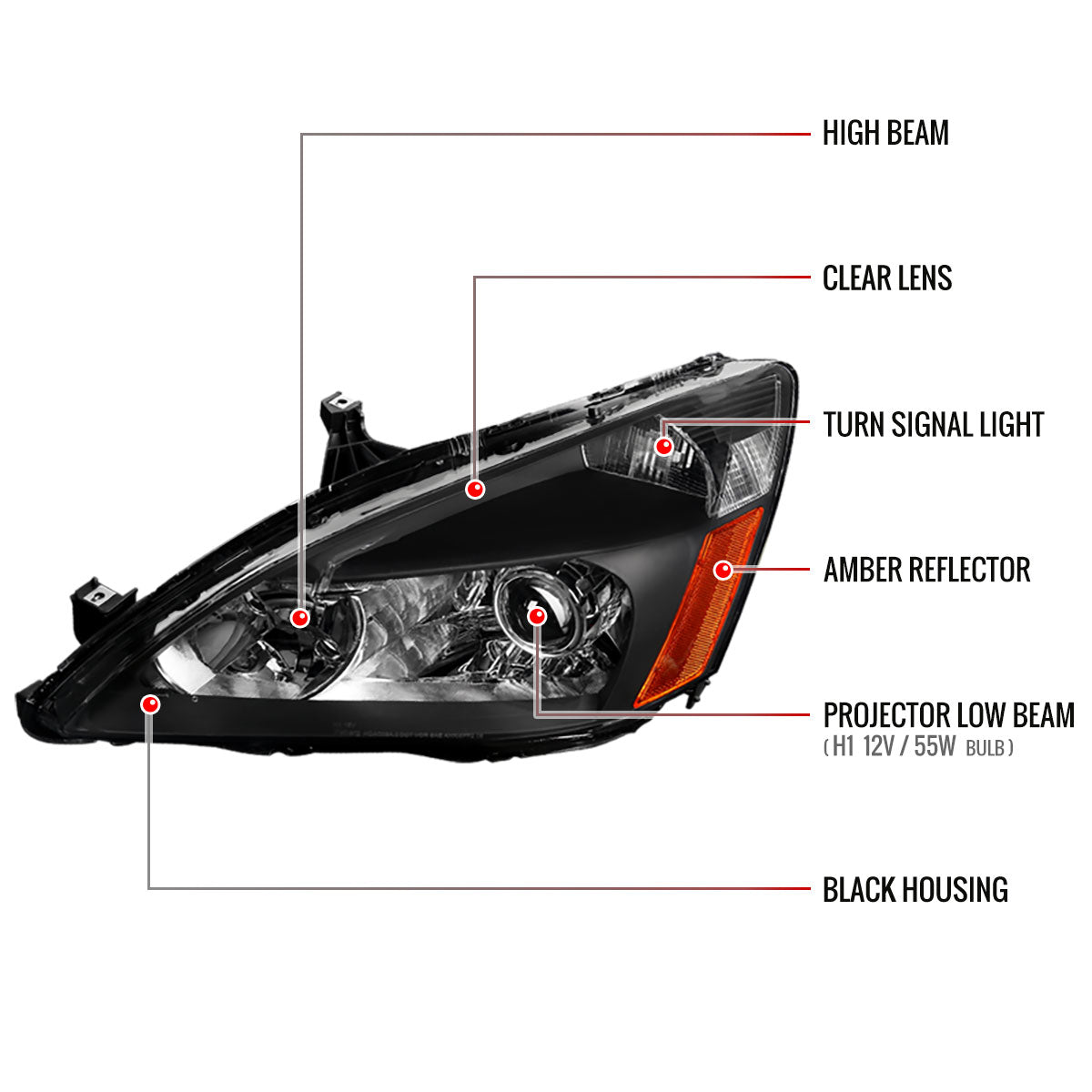 2003-2007 Honda Accord Retro Style Projector Headlights w/ Amber Reflectors (Matte Black Housing/Clear Lens)