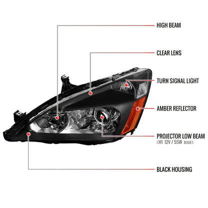 2003-2007 Honda Accord Retro Style Projector Headlights w/ Amber Reflectors (Matte Black Housing/Clear Lens)