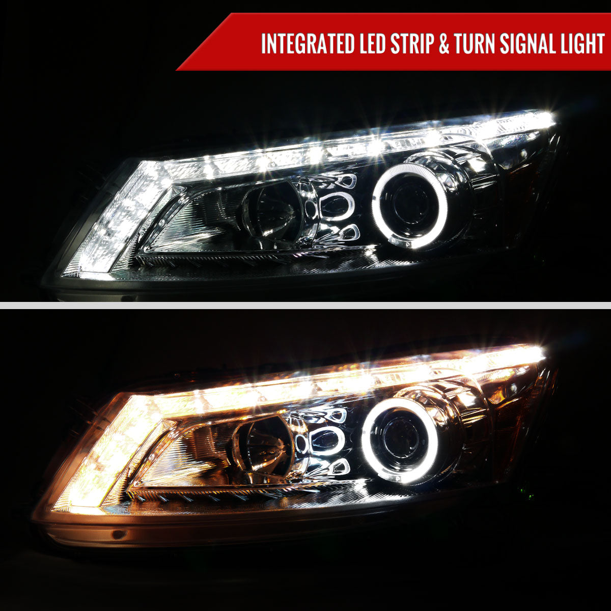 2008-2012 Honda Accord Sedan Single Halo Projector Headlights w/ LED Light Strip & LED Turn Signal Lights (Chrome Housing/Clear Lens)