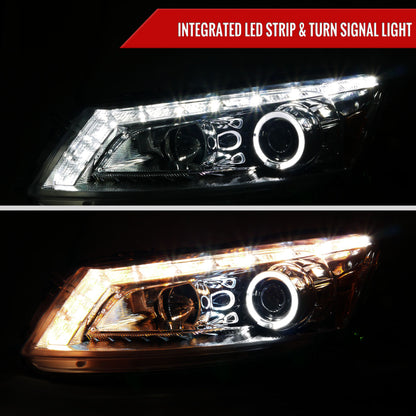 2008-2012 Honda Accord Sedan Single Halo Projector Headlights w/ LED Light Strip & LED Turn Signal Lights (Chrome Housing/Clear Lens)