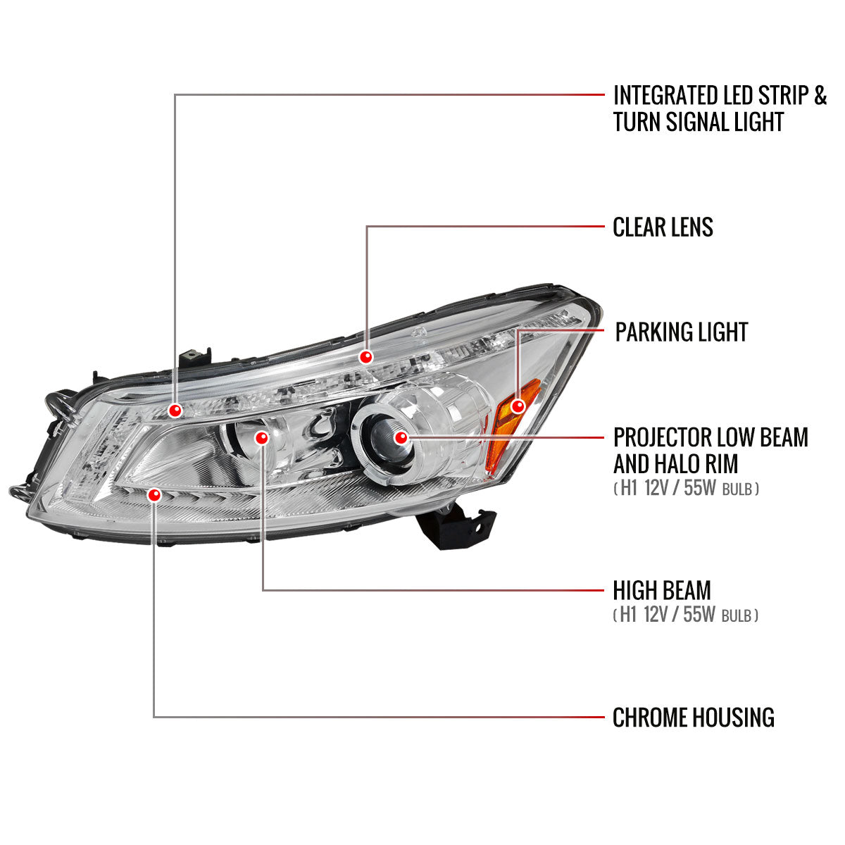 2008-2012 Honda Accord Sedan Single Halo Projector Headlights w/ LED Light Strip & LED Turn Signal Lights (Chrome Housing/Clear Lens)