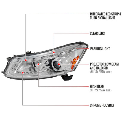 2008-2012 Honda Accord Sedan Single Halo Projector Headlights w/ LED Light Strip & LED Turn Signal Lights (Chrome Housing/Clear Lens)