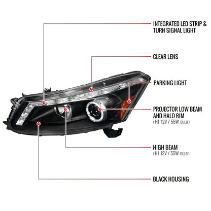 2008-2012 Honda Accord Sedan Single Halo Projector Headlights w/ LED Light Strip & LED Turn Signal Lights (Matte Black Housing/Clear Lens)