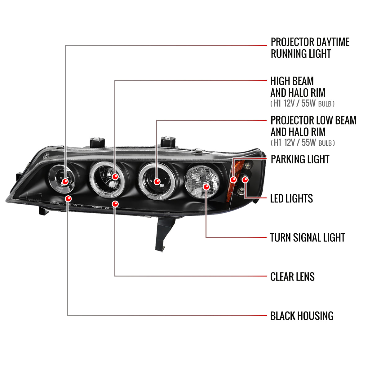 1994-1997 Honda Accord Dual Halo Projector Headlights (Matte Black Housing/Clear Lens)