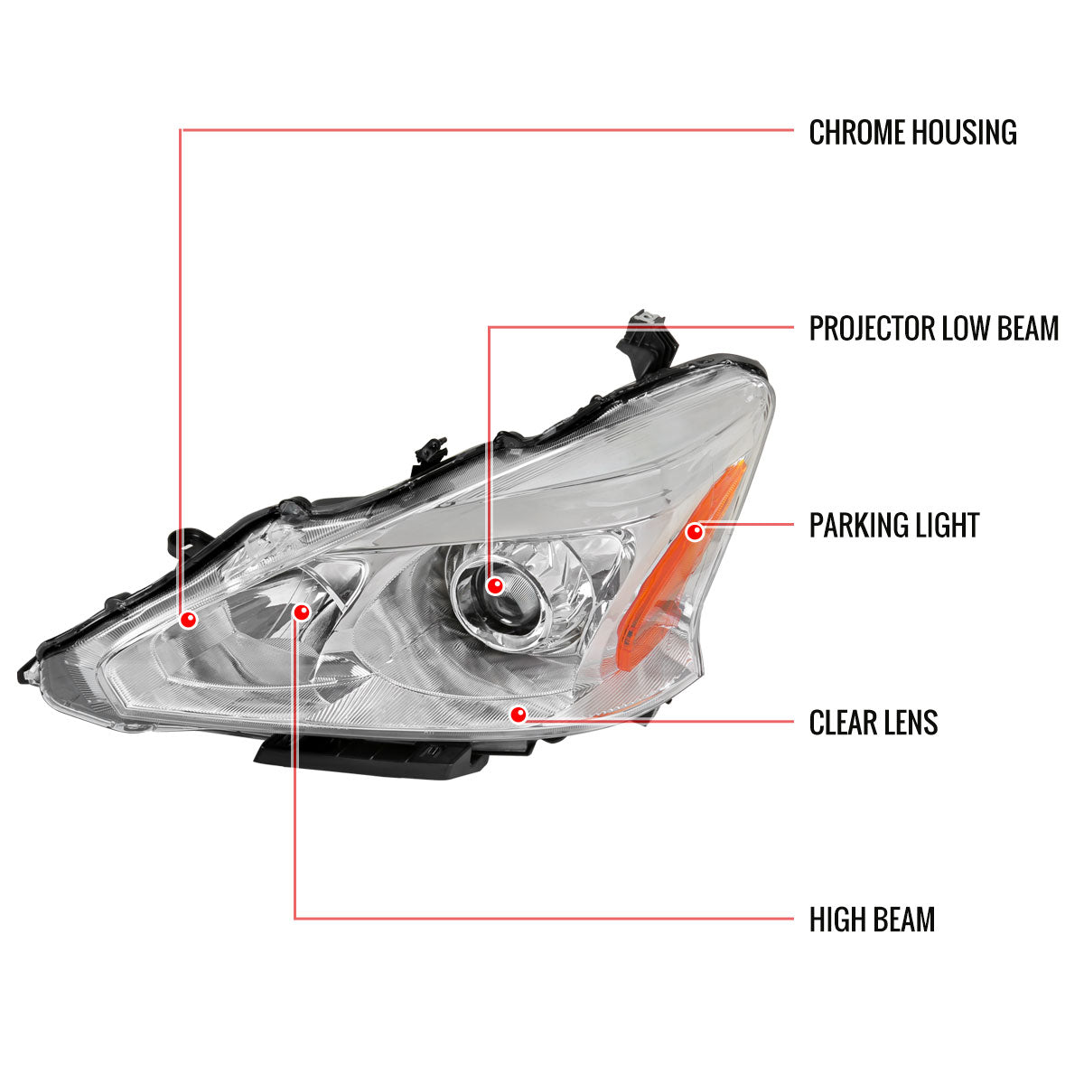 2013-2015 Nissan Altima Sedan Projector Headlights w/ Amber Reflectors (Chrome Housing/Clear Lens)