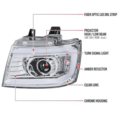 2007-2013 Chevrolet Avalanche/ 2007-2014 Tahoe Suburban LED C-Bar Projector Headlights (Chrome Housing/Clear Lens)