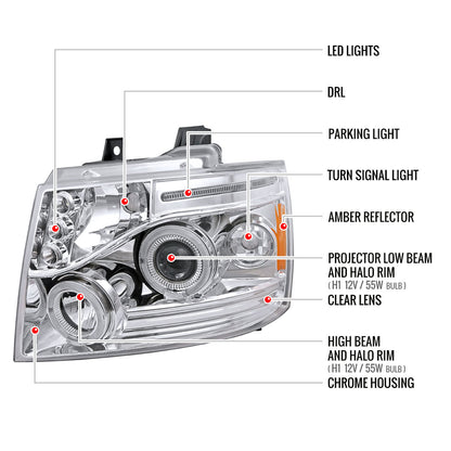 2007-2013 Chevrolet Avalanche/ 2007-2014 Tahoe Suburban Dual Halo Projector Headlights (Chrome Housing/Clear Lens)