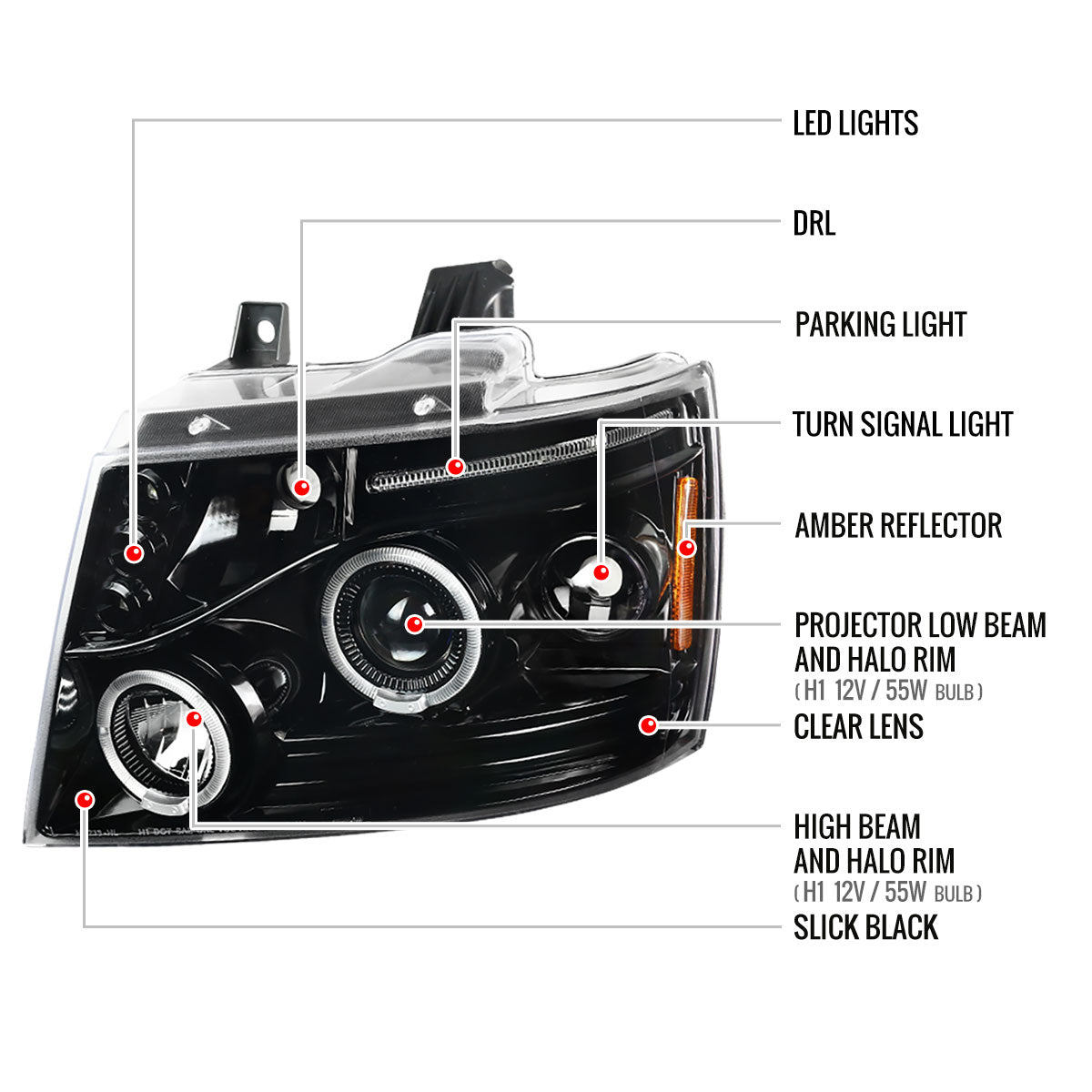 2007-2013 Chevrolet Avalanche/ 2007-2014 Tahoe Suburban Dual Halo Projector Headlights (Jet Black Housing/Clear Lens)