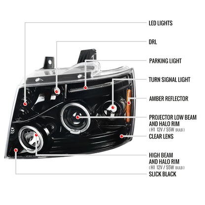 2007-2013 Chevrolet Avalanche/ 2007-2014 Tahoe Suburban Dual Halo Projector Headlights (Jet Black Housing/Clear Lens)