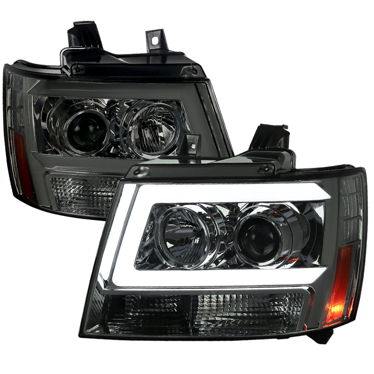 2007-2013 Chevrolet Avalanche/ 2007-2014 Tahoe Suburban LED C-Bar Projector Headlights (Chrome Housing/Smoked Lens)