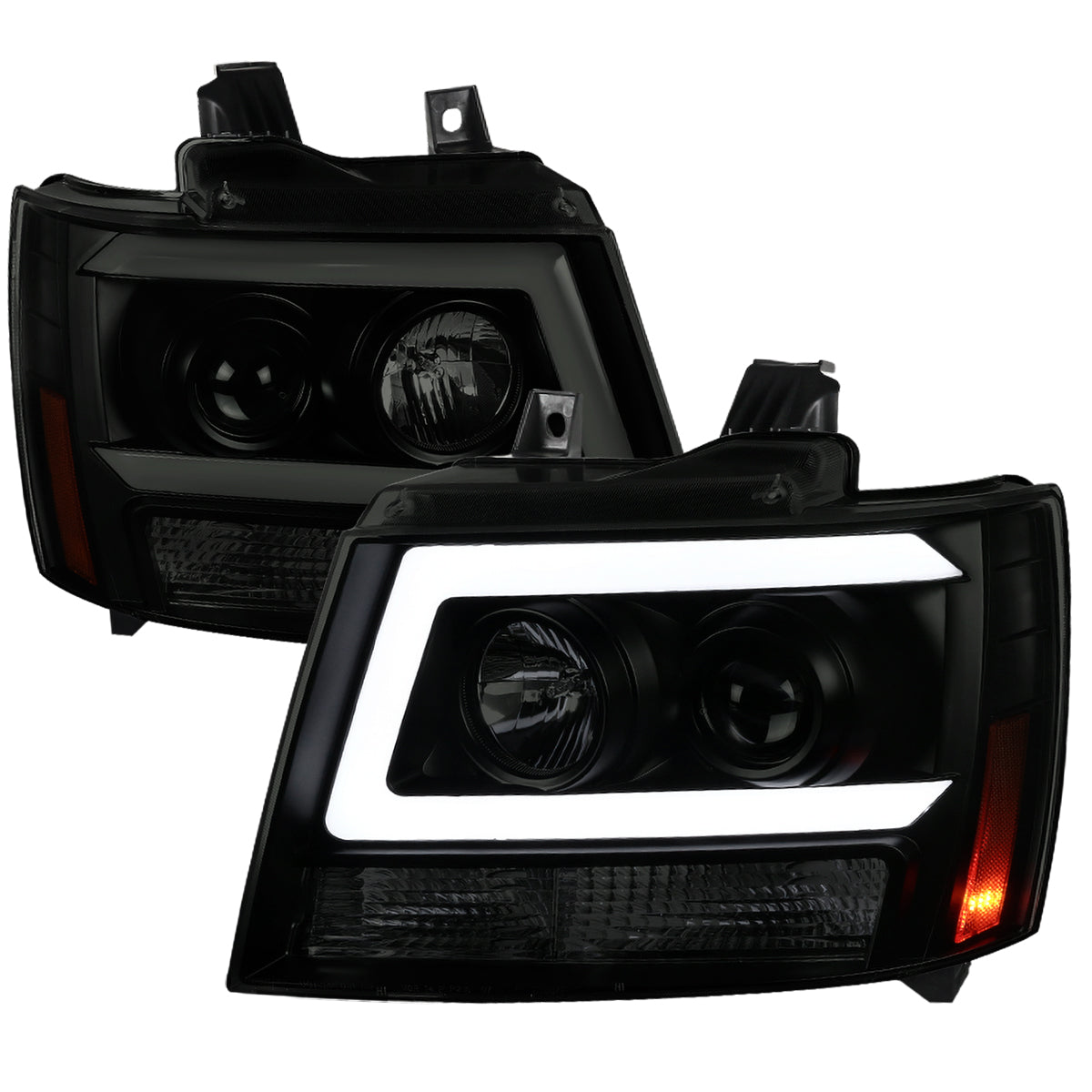 2007-2013 Chevrolet Avalanche/ 2007-2014 Tahoe Suburban LED C-Bar Projector Headlights (Black Housing/Smoked Lens)
