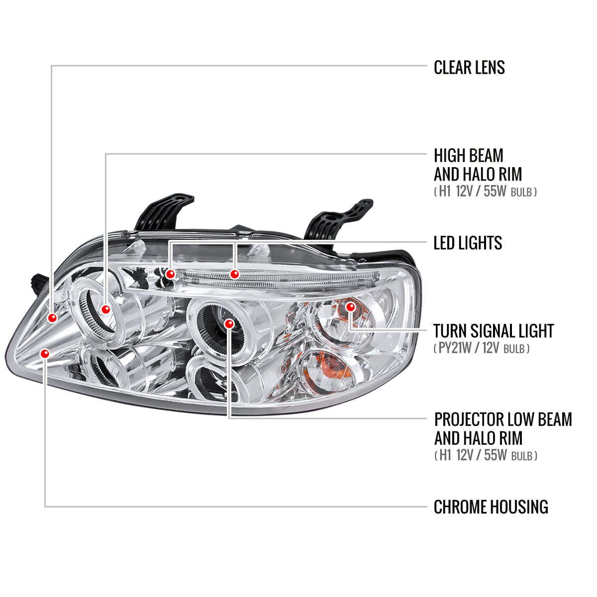 2004-2008 Chevrolet Aveo Dual Halo Projector Headlights (Chrome Housing/Clear Lens)