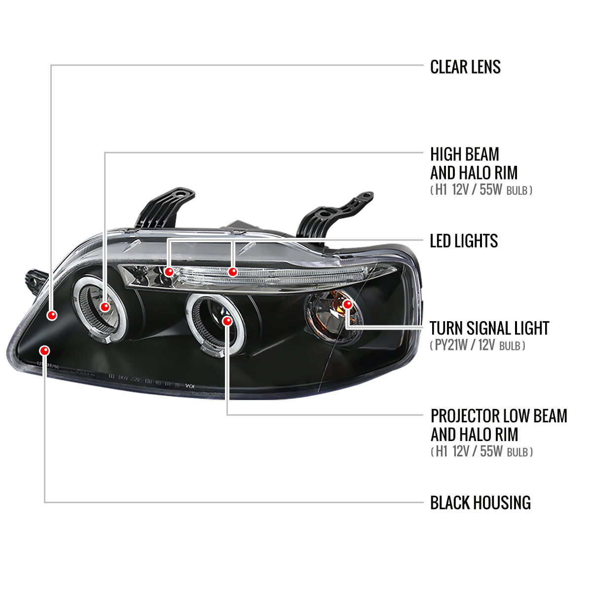2004-2008 Chevrolet Aveo Dual Halo Projector Headlights (Matte Black Housing/Clear Lens)