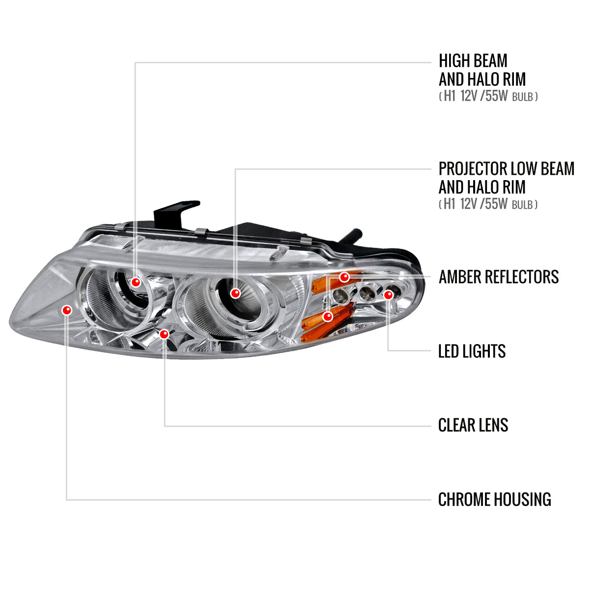 1997-2000 Dodge Avenger Chrysler Sebring Coupe Dual Halo Projector Headlights (Chrome Housing/Clear Lens)