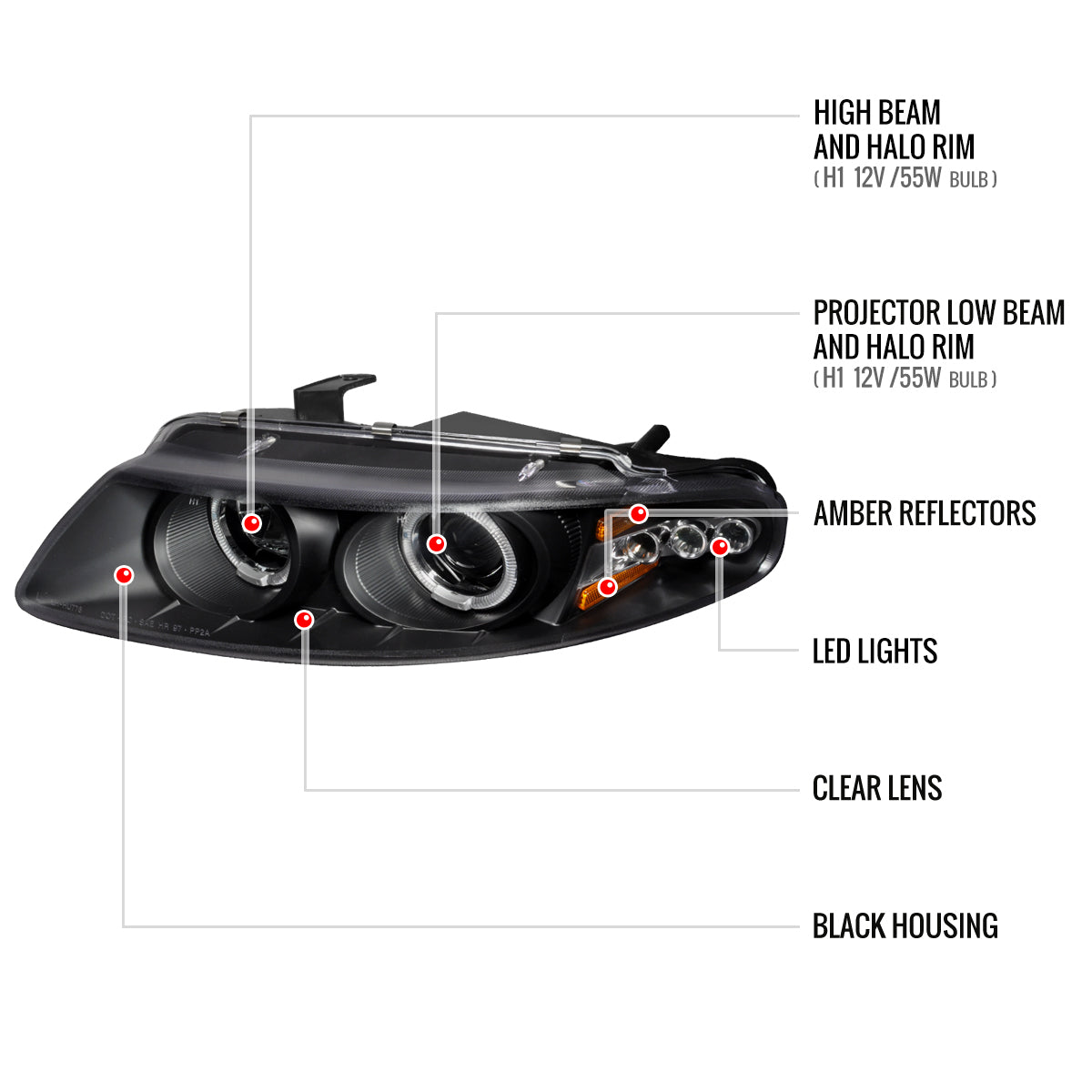 1997-2000 Dodge Avenger Chrysler Sebring Coupe Dual Halo Projector Headlights (Matte Black Housing/Clear Lens)