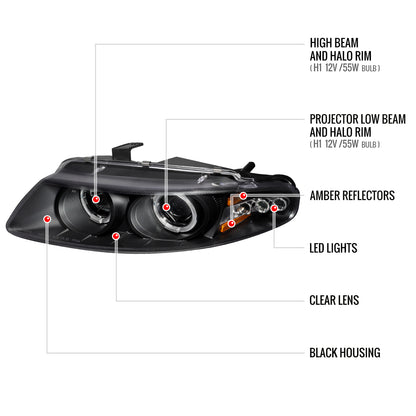 1997-2000 Dodge Avenger Chrysler Sebring Coupe Dual Halo Projector Headlights (Matte Black Housing/Clear Lens)