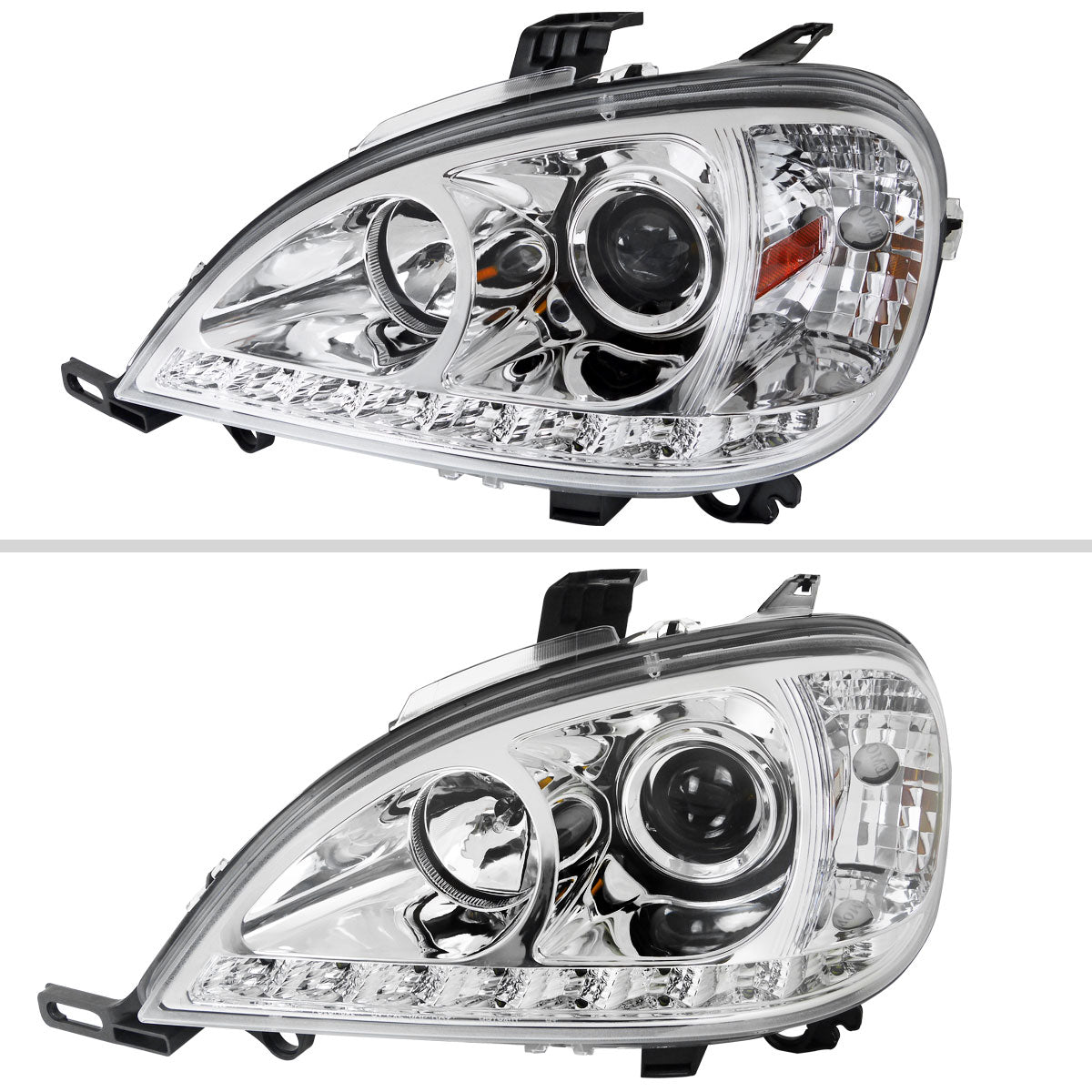 2002-2005 Mercedes Benz W163 ML Class Projector Headlights w/ SMD LED Light Strip (Chrome Housing/Clear Lens)