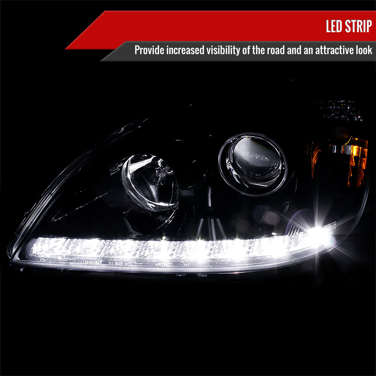 2002-2005 Mercedes Benz W163 ML Class Projector Headlights w/ SMD LED Light Strip (Glossy Black Housing/Smoked Lens)
