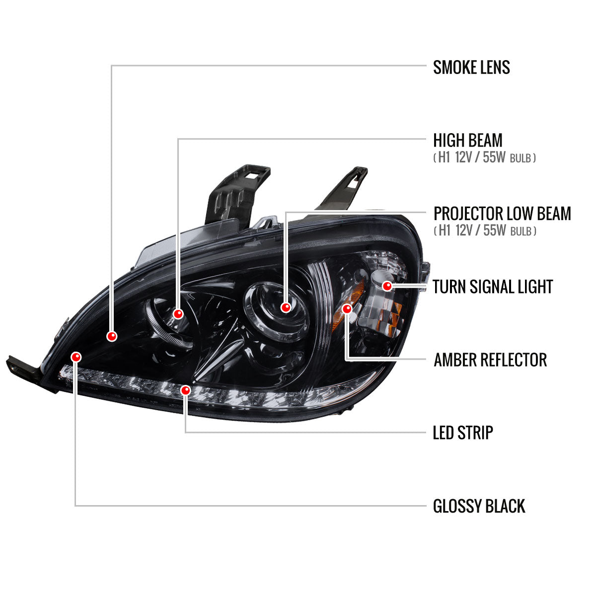 2002-2005 Mercedes Benz W163 ML Class Projector Headlights w/ SMD LED Light Strip (Glossy Black Housing/Smoked Lens)