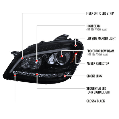 2006-2008 Mercedes Benz W164 ML Class LED Bar Projector Headlights w/ Sequential Turn Signal Lights (Glossy Black Housing/Smoked Lens)