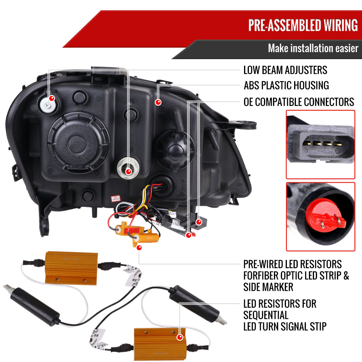 2009-2011 Mercedes Benz W164 ML-Class LED Sequetial Turn Signal Projector Headlights (Glossy Black Housing/Smoked Lens)