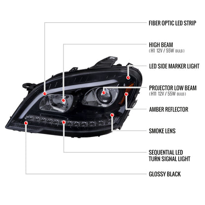 2009-2011 Mercedes Benz W164 ML-Class LED Sequetial Turn Signal Projector Headlights (Glossy Black Housing/Smoked Lens)
