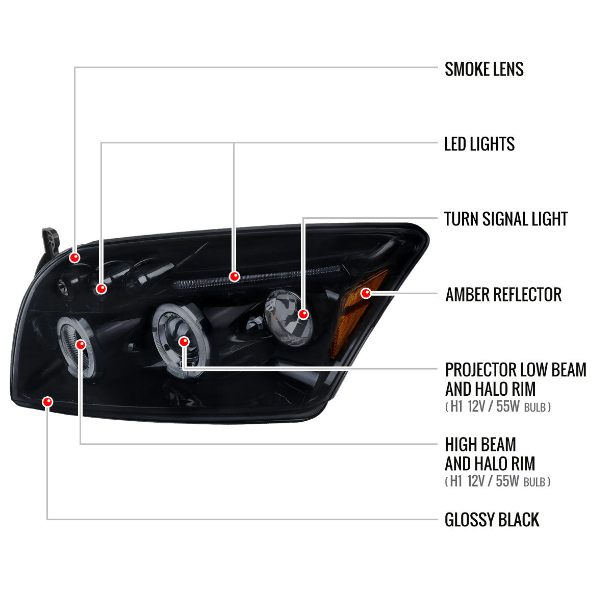 2007-2012 Dodge Caliber Dual Halo Projector Headlights (Glossy Black Housing/Smoked Lens)