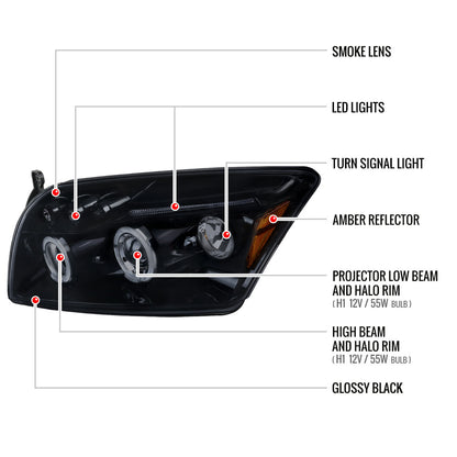 2007-2012 Dodge Caliber Dual Halo Projector Headlights (Glossy Black Housing/Smoked Lens)