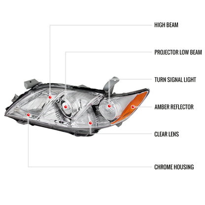 2007-2009 Toyota Camry Projector Headlights w/ Amber Reflectors (Chrome Housing/Clear Lens)