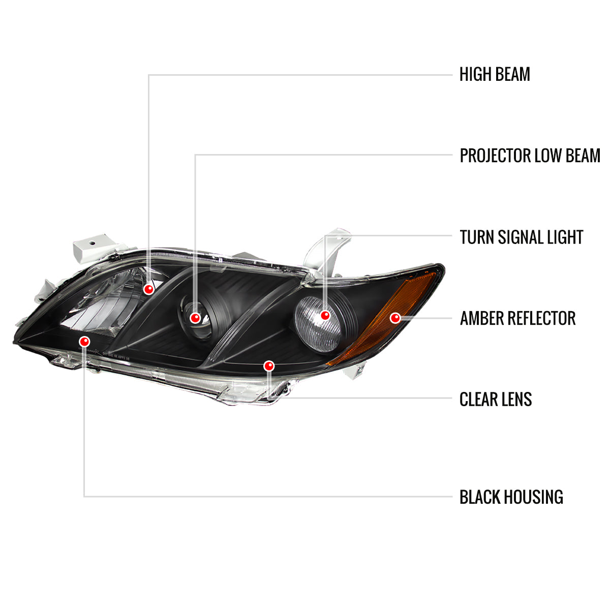 2007-2009 Toyota Camry Projector Headlights w/ Amber Reflectors (Matte Black Housing/Clear Lens)