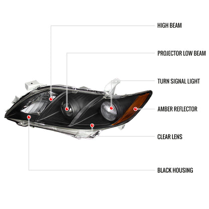2007-2009 Toyota Camry Projector Headlights w/ Amber Reflectors (Matte Black Housing/Clear Lens)