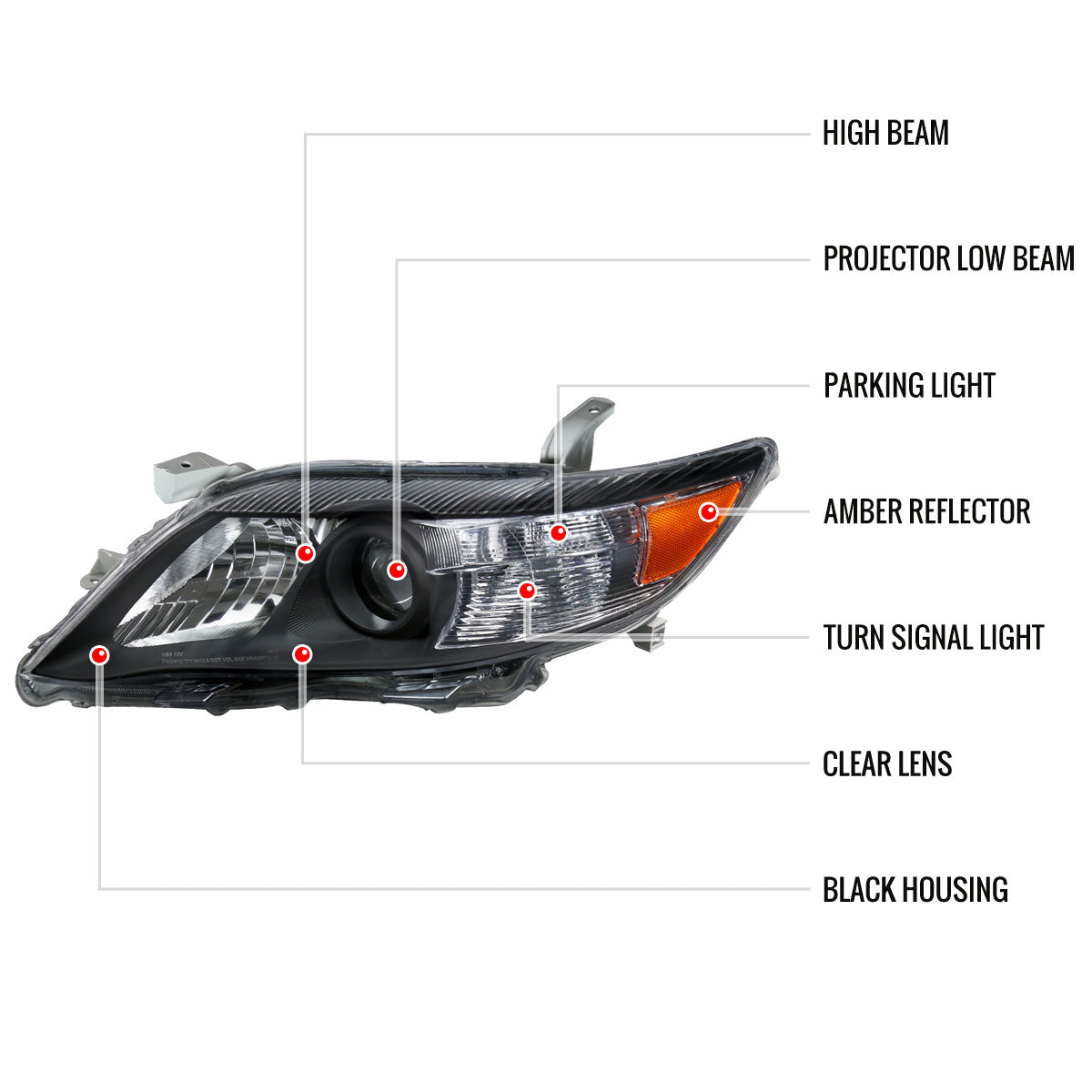2010-2011 Toyota Camry Projector Headlights w/ Amber Reflectors (Matte Black Housing/Clear Lens)