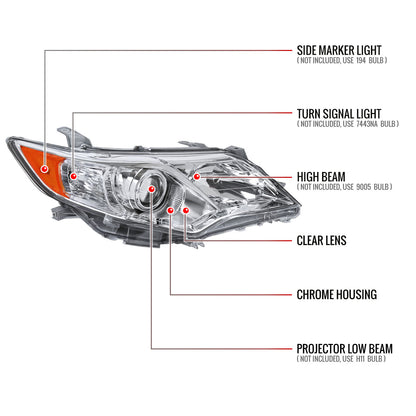 2012-2014 Toyota Camry Projector Headlights w/ Amber Reflectors - Passenger Side Only (Chrome Housing/Clear Lens)