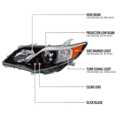 2012-2014 Toyota Camry Projector Headlight w/ Amber Reflector - Driver Side Only (Jet Black Housing/Clear Lens)
