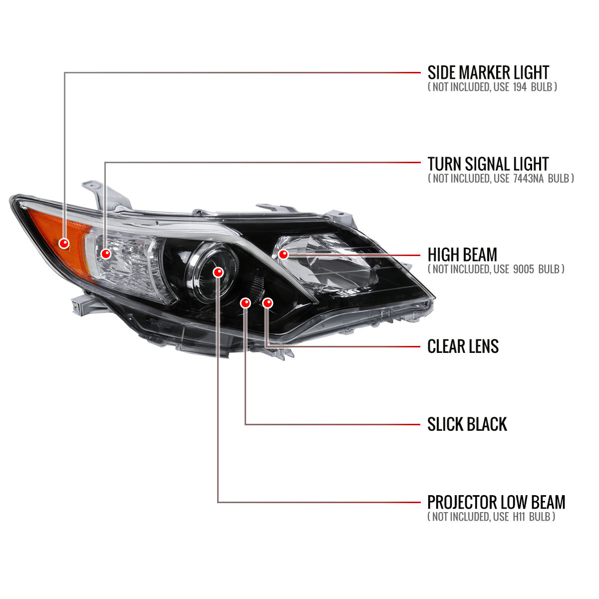 2012-2014 Toyota Camry Projector Headlight w/ Amber Reflector - Passenger Side Only (Jet Black Housing/Clear Lens)