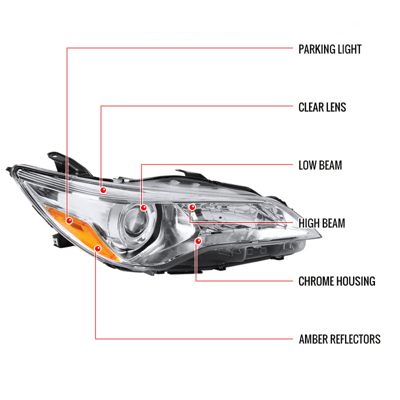2015-2017 Toyota Camry Projector Headlight w/ Amber Reflector - Passenger Side Only (Chrome Housing/Clear Lens)