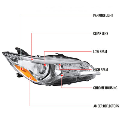 2015-2017 Toyota Camry Projector Headlight w/ Amber Reflector - Passenger Side Only (Chrome Housing/Clear Lens)