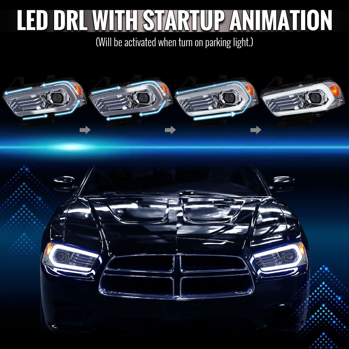 2011-2014 Dodge Charger Projector Headlights w/ LED DRL Light Strip Sequential Turn Signal and Side Marker  (Chrome Housing / Clear Lens)