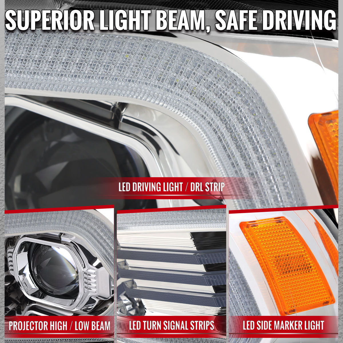 2011-2014 Dodge Charger Projector Headlights w/ LED DRL Light Strip Sequential Turn Signal and Side Marker  (Chrome Housing / Clear Lens)