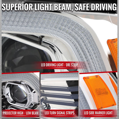 2011-2014 Dodge Charger Projector Headlights w/ LED DRL Light Strip Sequential Turn Signal and Side Marker  (Chrome Housing / Clear Lens)