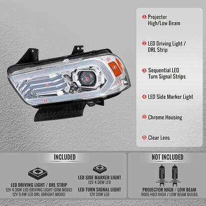 2011-2014 Dodge Charger Projector Headlights w/ LED DRL Light Strip Sequential Turn Signal and Side Marker  (Chrome Housing / Clear Lens)